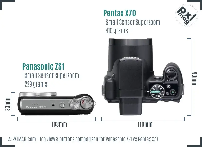 Panasonic ZS1 vs Pentax X70 top view buttons comparison