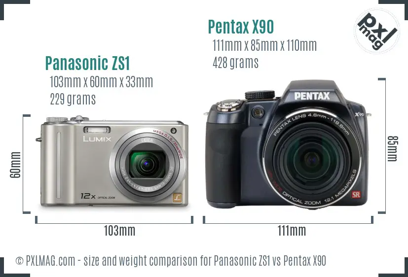 Panasonic ZS1 vs Pentax X90 size comparison