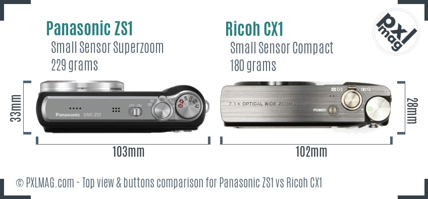 Panasonic ZS1 vs Ricoh CX1 top view buttons comparison