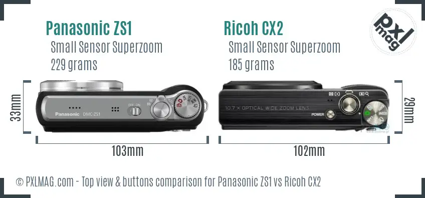 Panasonic ZS1 vs Ricoh CX2 top view buttons comparison Panasonic ZS1 vs Ricoh CX2 top view buttons comparison