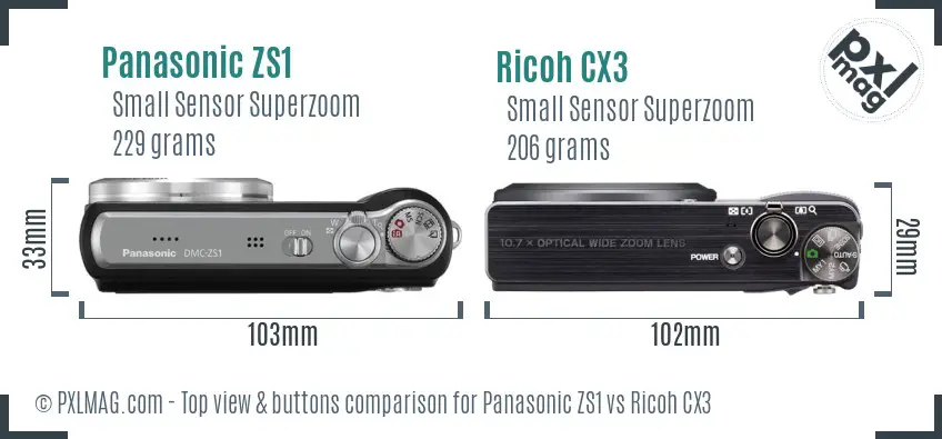 Panasonic ZS1 vs Ricoh CX3 top view buttons comparison Panasonic ZS1 vs Ricoh CX3 top view buttons comparison