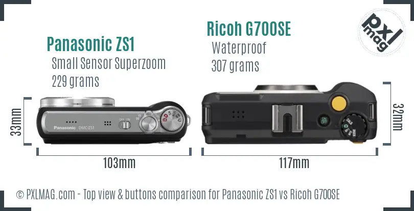 Panasonic ZS1 vs Ricoh G700SE top view buttons comparison Panasonic ZS1 vs Ricoh G700SE top view buttons comparison