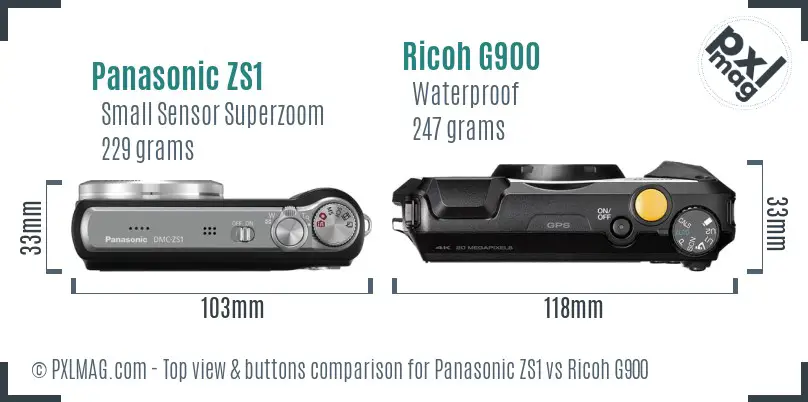 Panasonic ZS1 vs Ricoh G900 top view buttons comparison Panasonic ZS1 vs Ricoh G900 top view buttons comparison