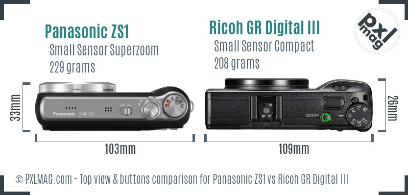 Panasonic ZS1 vs Ricoh GR Digital III top view buttons comparison