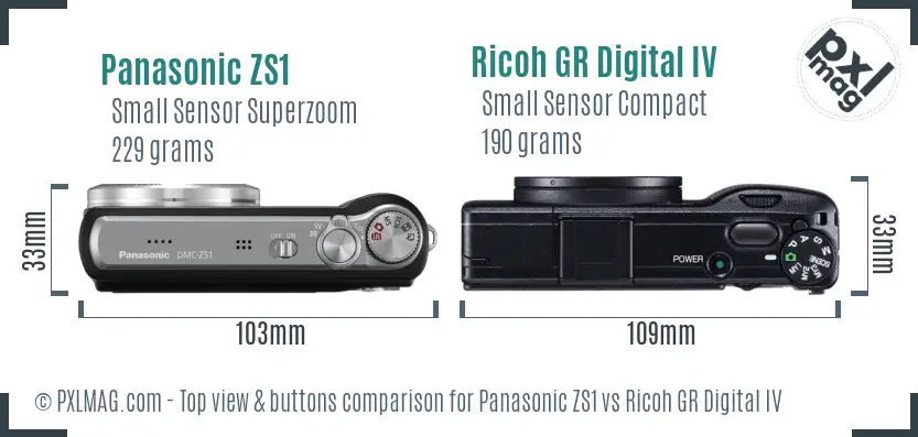 Panasonic ZS1 vs Ricoh GR Digital IV top view buttons comparison