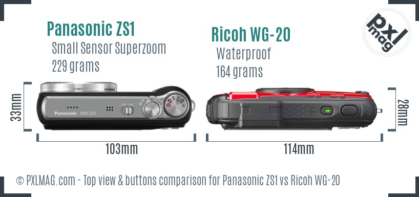 Panasonic ZS1 vs Ricoh WG-20 top view buttons comparison