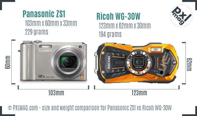 Panasonic ZS1 vs Ricoh WG-30W size comparison