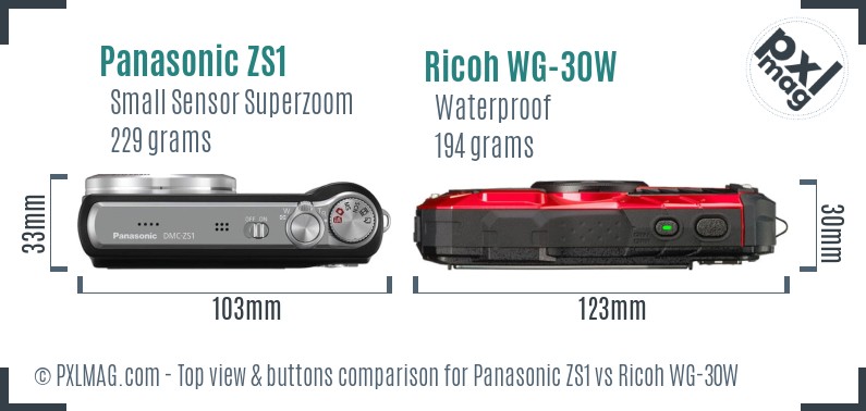 Panasonic ZS1 vs Ricoh WG-30W top view buttons comparison