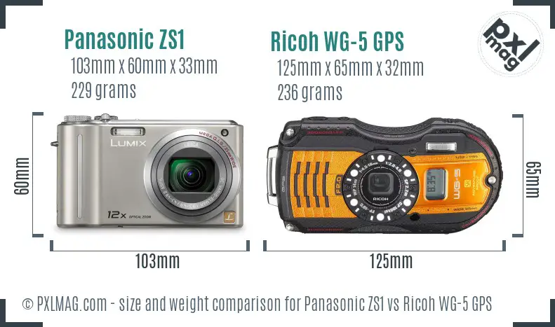 Panasonic ZS1 vs Ricoh WG-5 GPS size comparison