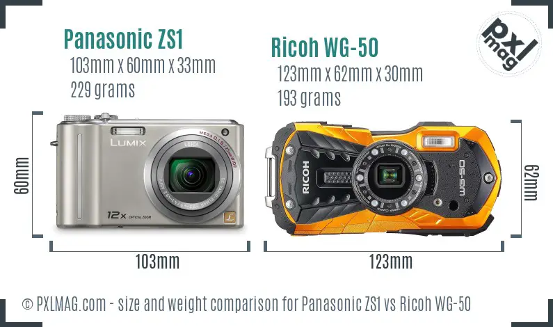 Panasonic ZS1 vs Ricoh WG-50 size comparison