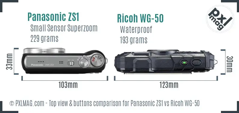 Panasonic ZS1 vs Ricoh WG-50 top view buttons comparison