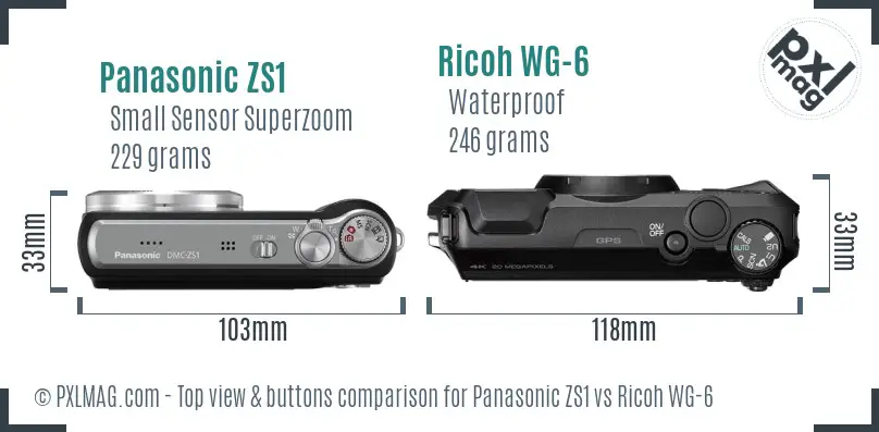 Panasonic ZS1 vs Ricoh WG-6 top view buttons comparison Panasonic ZS1 vs Ricoh WG-6 top view buttons comparison