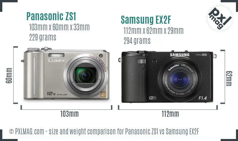 Panasonic ZS1 vs Samsung EX2F size comparison