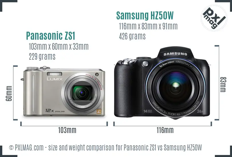Panasonic ZS1 vs Samsung HZ50W size comparison