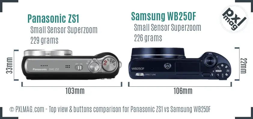 Panasonic ZS1 vs Samsung WB250F top view buttons comparison Panasonic ZS1 vs Samsung WB250F top view buttons comparison