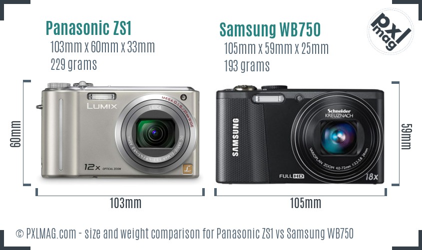 Panasonic ZS1 vs Samsung WB750 size comparison