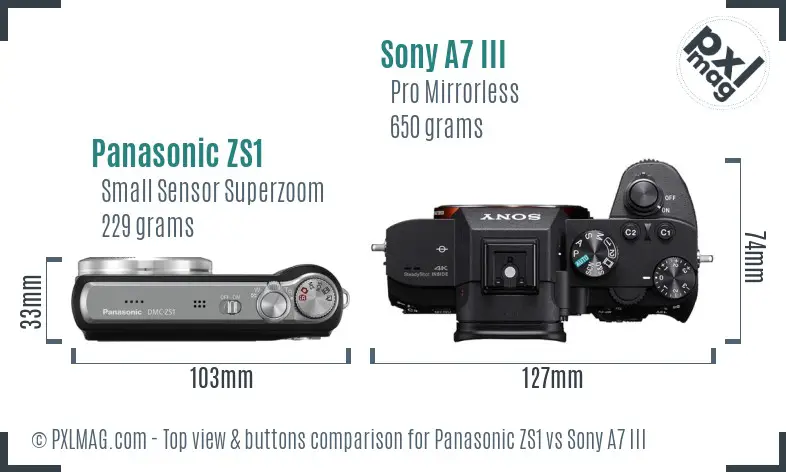 Panasonic ZS1 vs Sony A7 III top view buttons comparison Panasonic ZS1 vs Sony A7 III top view buttons comparison