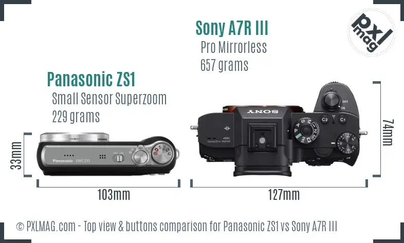 Panasonic ZS1 vs Sony A7R III top view buttons comparison