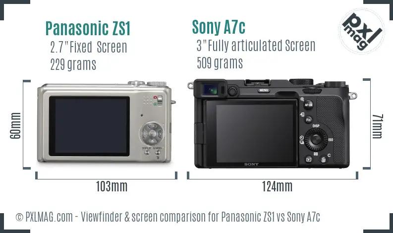 Panasonic ZS1 vs Sony A7c Screen and Viewfinder comparison