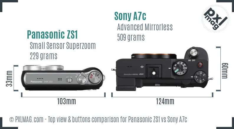 Panasonic ZS1 vs Sony A7c top view buttons comparison