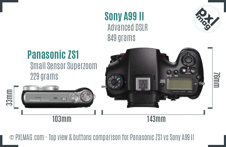 Panasonic ZS1 vs Sony A99 II top view buttons comparison Panasonic ZS1 vs Sony A99 II top view buttons comparison