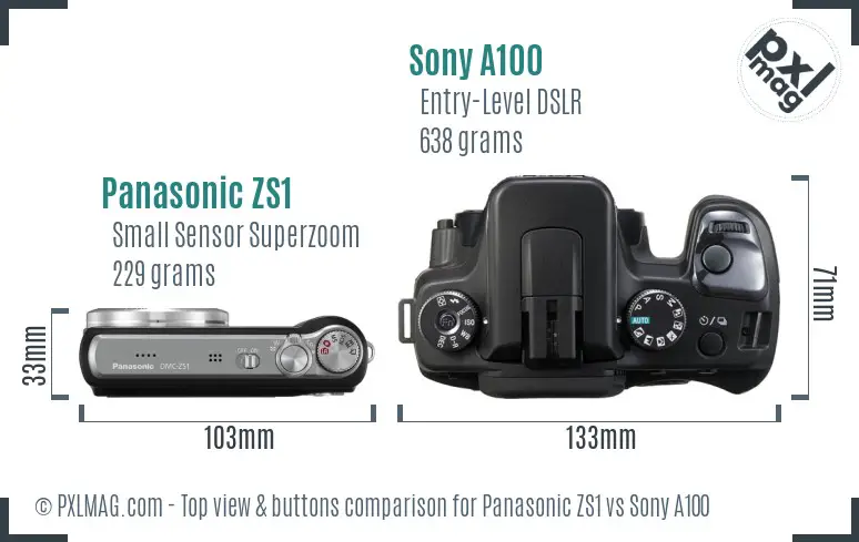 Panasonic ZS1 vs Sony A100 top view buttons comparison