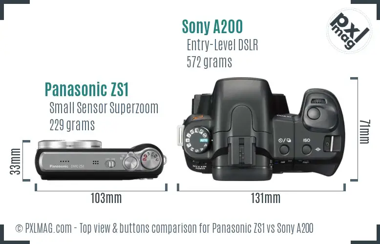 Panasonic ZS1 vs Sony A200 top view buttons comparison