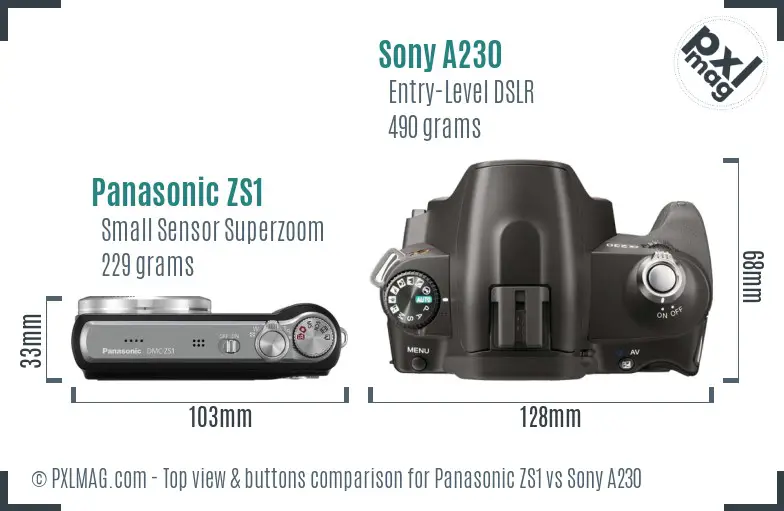 Panasonic ZS1 vs Sony A230 top view buttons comparison Panasonic ZS1 vs Sony A230 top view buttons comparison
