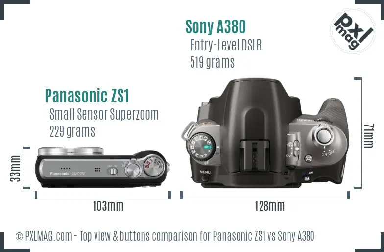 Panasonic ZS1 vs Sony A380 top view buttons comparison