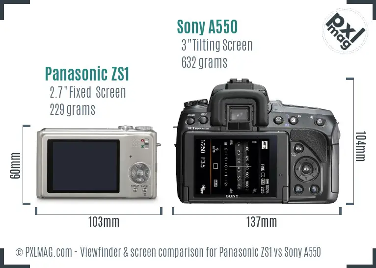 Panasonic ZS1 vs Sony A550 Screen and Viewfinder comparison