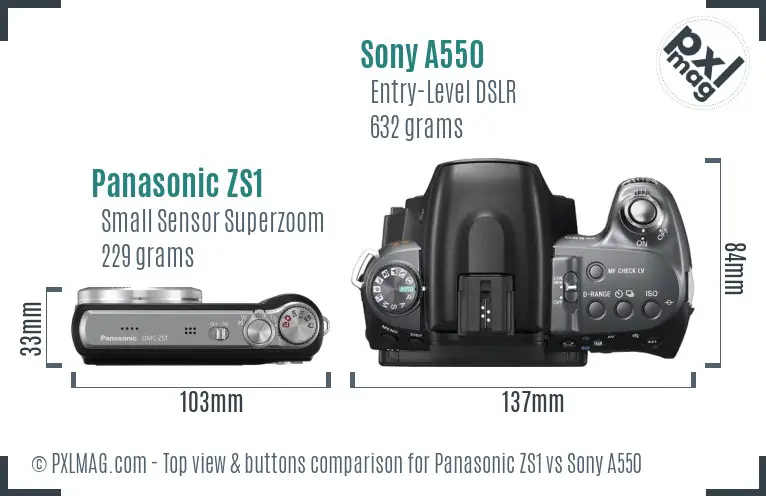 Panasonic ZS1 vs Sony A550 top view buttons comparison