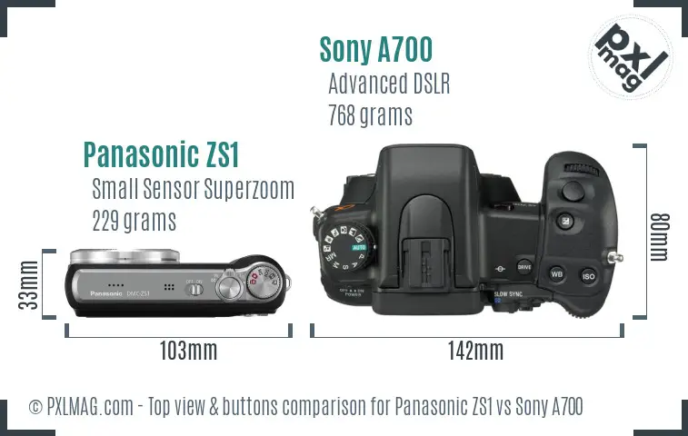 Panasonic ZS1 vs Sony A700 top view buttons comparison Panasonic ZS1 vs Sony A700 top view buttons comparison