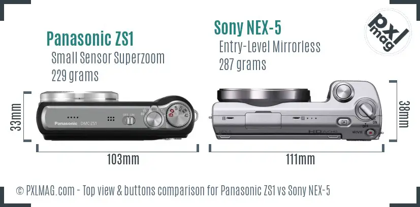 Panasonic ZS1 vs Sony NEX-5 top view buttons comparison Panasonic ZS1 vs Sony NEX-5 top view buttons comparison