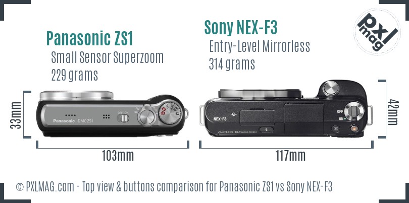 Panasonic ZS1 vs Sony NEX-F3 top view buttons comparison