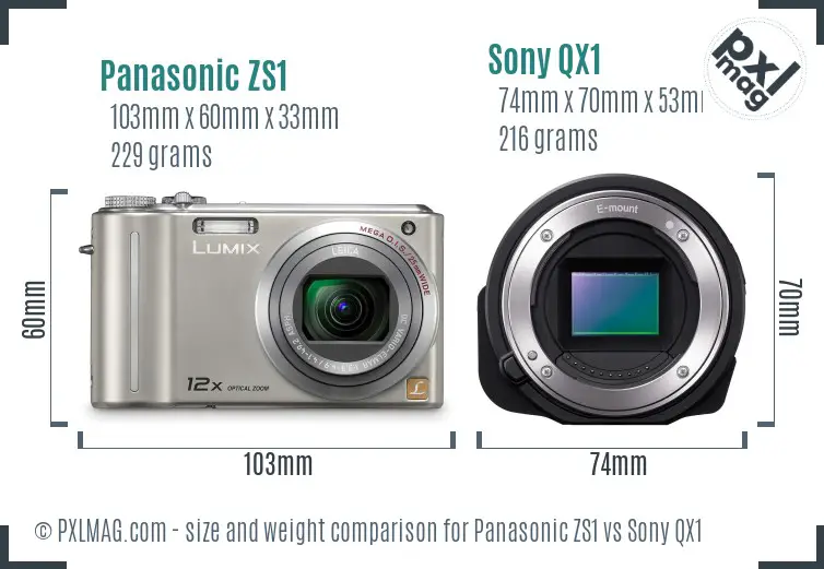 Panasonic ZS1 vs Sony QX1 size comparison