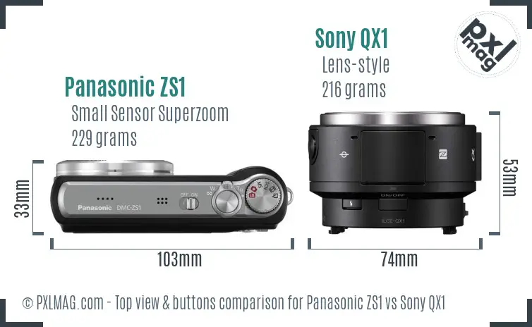 Panasonic ZS1 vs Sony QX1 top view buttons comparison