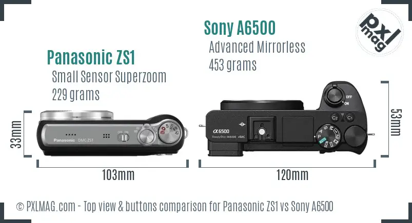 Panasonic ZS1 vs Sony A6500 top view buttons comparison Panasonic ZS1 vs Sony A6500 top view buttons comparison