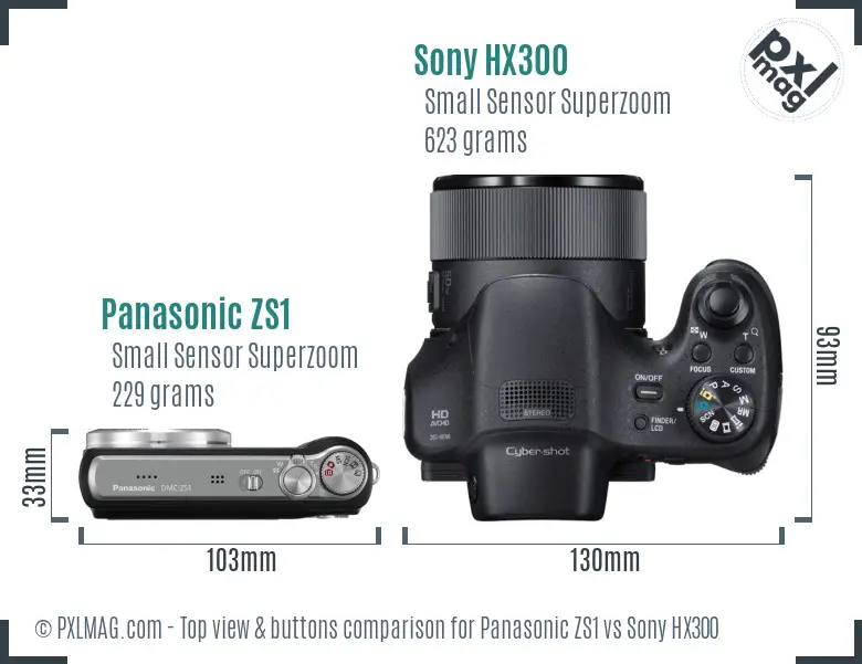 Panasonic ZS1 vs Sony HX300 top view buttons comparison