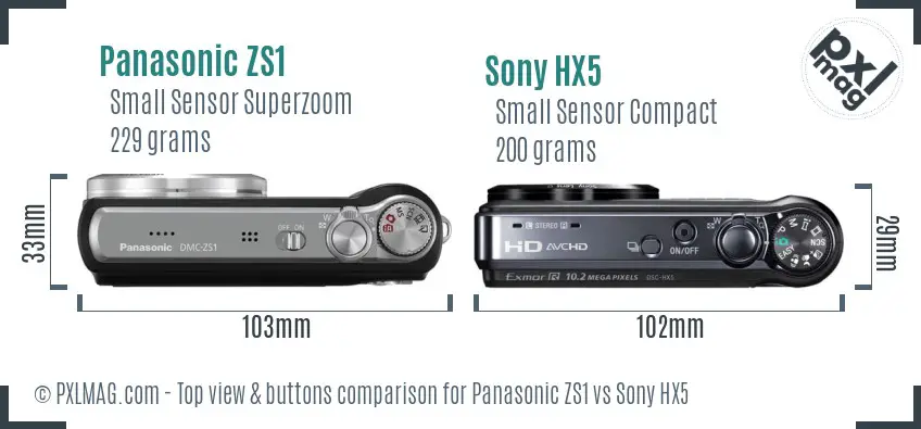 Panasonic ZS1 vs Sony HX5 top view buttons comparison