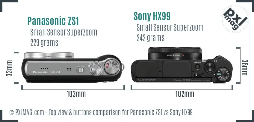 Panasonic ZS1 vs Sony HX99 top view buttons comparison