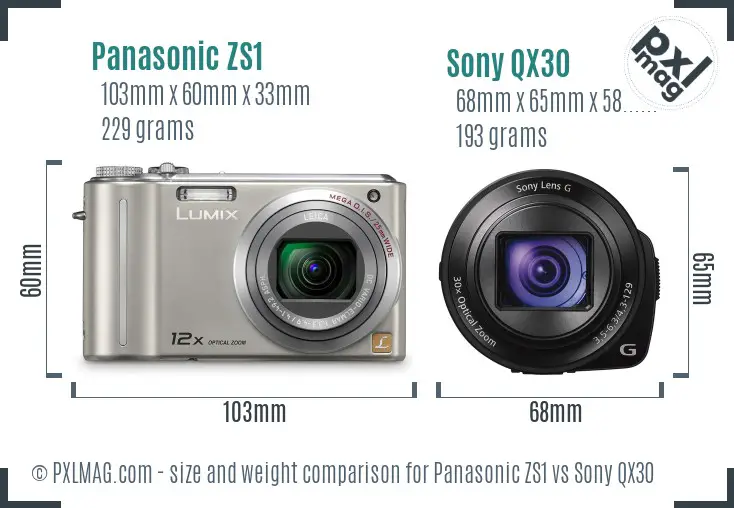 Panasonic ZS1 vs Sony QX30 size comparison