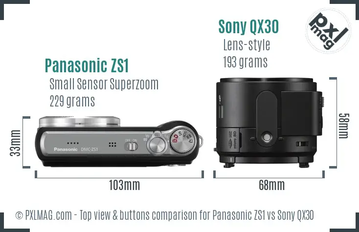 Panasonic ZS1 vs Sony QX30 top view buttons comparison