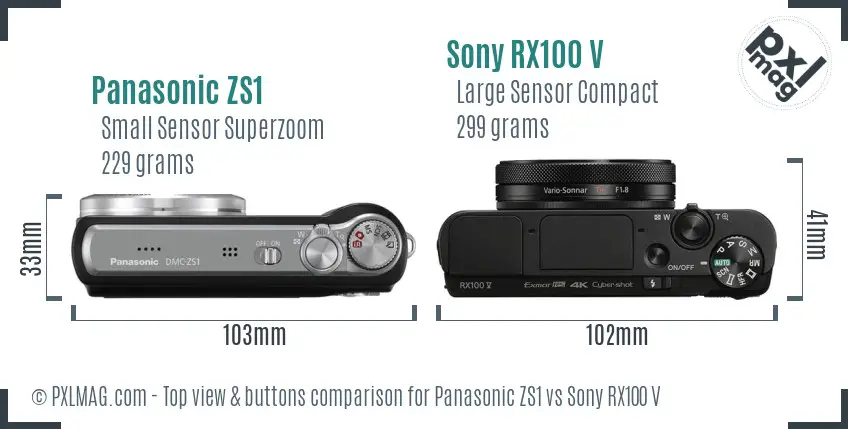 Panasonic ZS1 vs Sony RX100 V top view buttons comparison