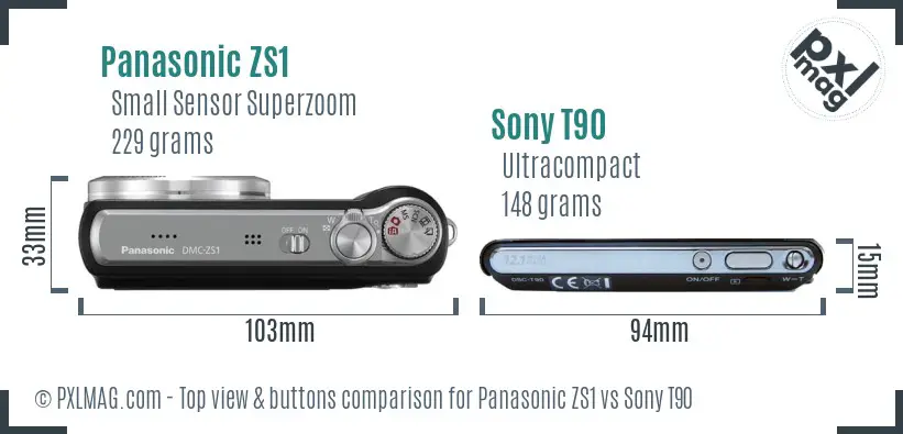 Panasonic ZS1 vs Sony T90 top view buttons comparison