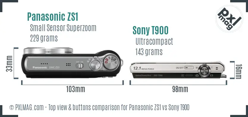 Panasonic ZS1 vs Sony T900 top view buttons comparison