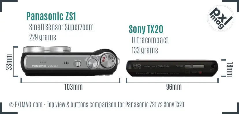Panasonic ZS1 vs Sony TX20 top view buttons comparison