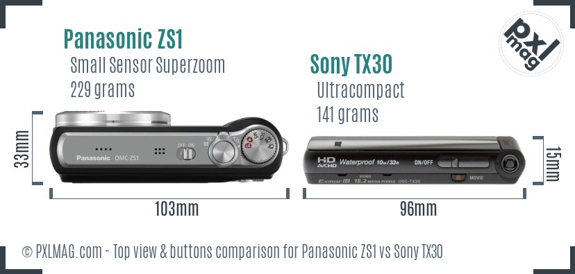 Panasonic ZS1 vs Sony TX30 top view buttons comparison