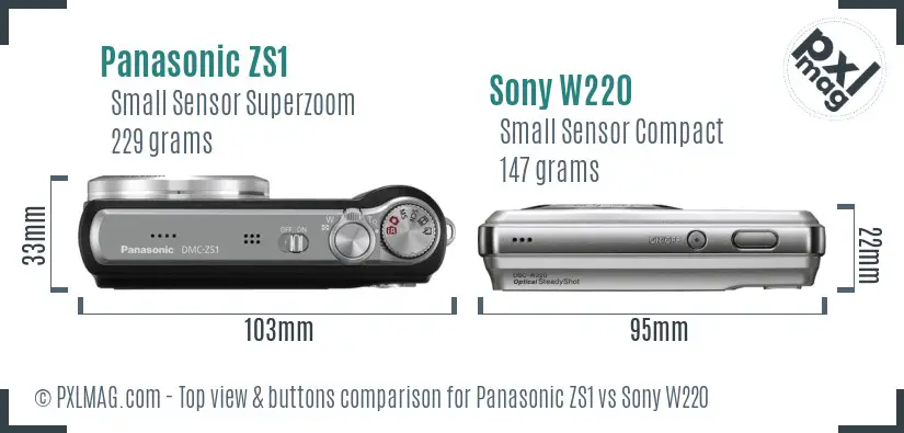 Panasonic ZS1 vs Sony W220 top view buttons comparison Panasonic ZS1 vs Sony W220 top view buttons comparison