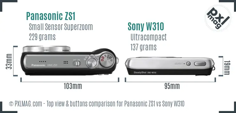 Panasonic ZS1 vs Sony W310 top view buttons comparison Panasonic ZS1 vs Sony W310 top view buttons comparison