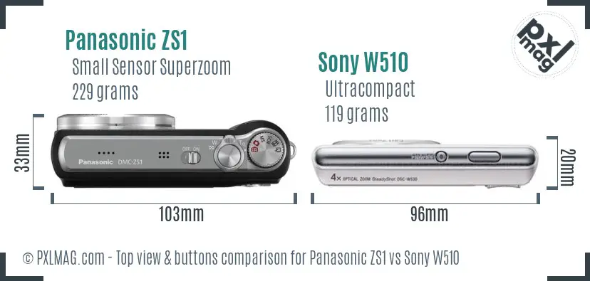 Panasonic ZS1 vs Sony W510 top view buttons comparison